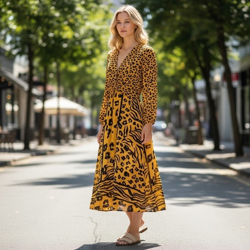 Vanessa Williams Leopard Animal Print Wrap Midi Dress Womens 10 V-Neck Tie Waist